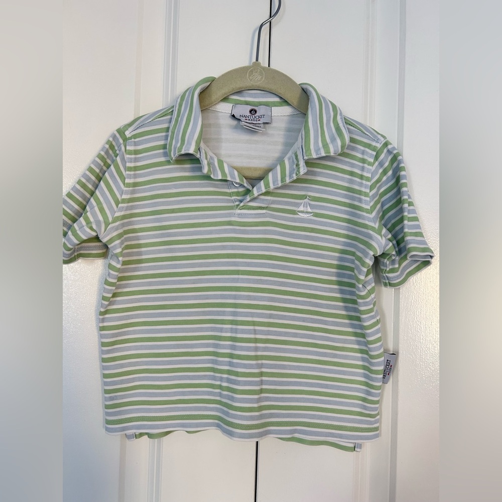 Nantucket Kids Pima Cotton Short Sleeve Polo Shirt 2T Green And Blue Stripes